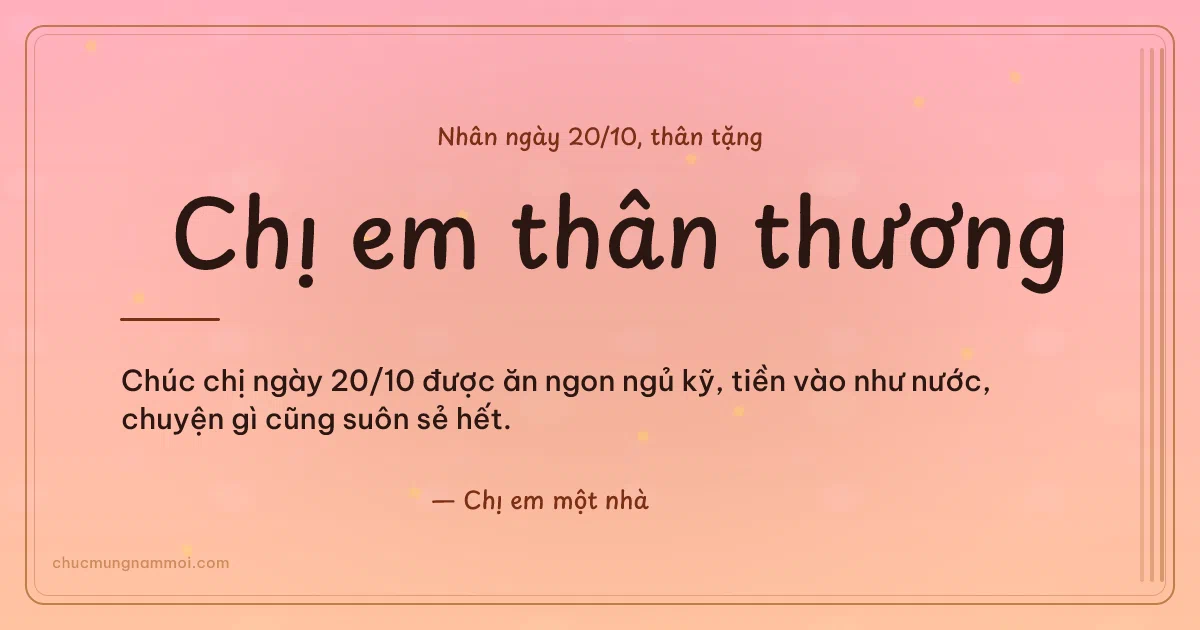 Thiệp ngày 20/10 cho chị em: Hoa vàng và sọc dọc. Chúc chị ngày 20/10 được ăn ngon ngủ kỹ, tiền vào như nước… (Bản ngang)