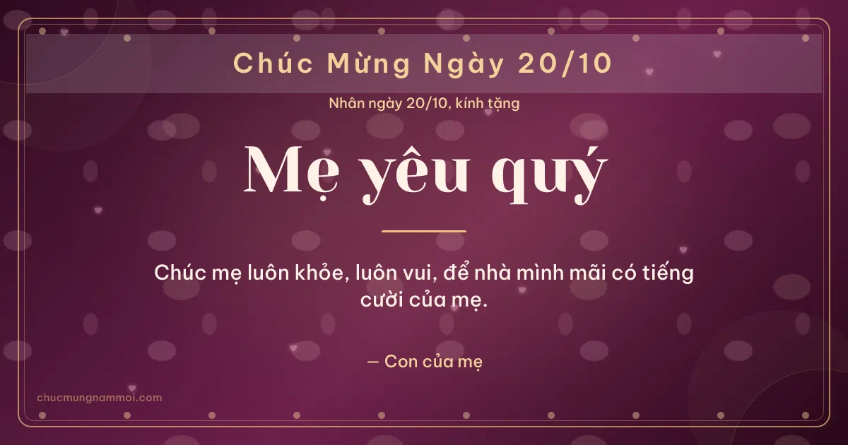Thiệp ngày 20/10 cho mẹ: Trái tim hồng và hạt chấm trên nền rượu vang. Chúc mẹ luôn khỏe, luôn vui, để nhà mình mãi có tiếng cười… (Bản ngang)