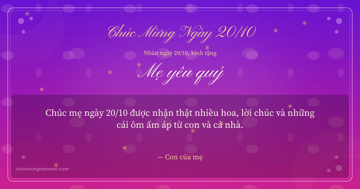 Thiệp ngày 20/10 cho mẹ: Chấm nhỏ trên nền tím hoa sim. Chúc mẹ ngày 20/10 được nhận thật nhiều hoa, lời chúc… (Bản ngang)