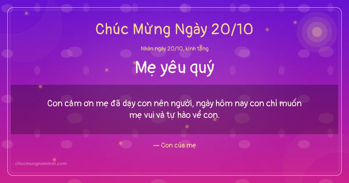 Thiệp ngày 20/10 cho mẹ: Hoa vàng và nắng mai trên nền tím hoa sim. Con cảm ơn mẹ đã dạy con nên người… (Bản ngang)