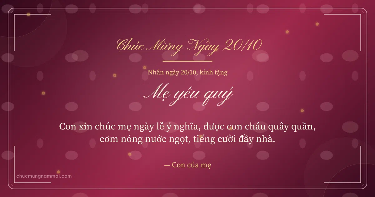 Thiệp ngày 20/10 cho mẹ: Hoa vàng và cánh hoa trên nền hồng đào. Con xin chúc mẹ ngày lễ ý nghĩa, được con cháu quây quần… (Bản ngang)