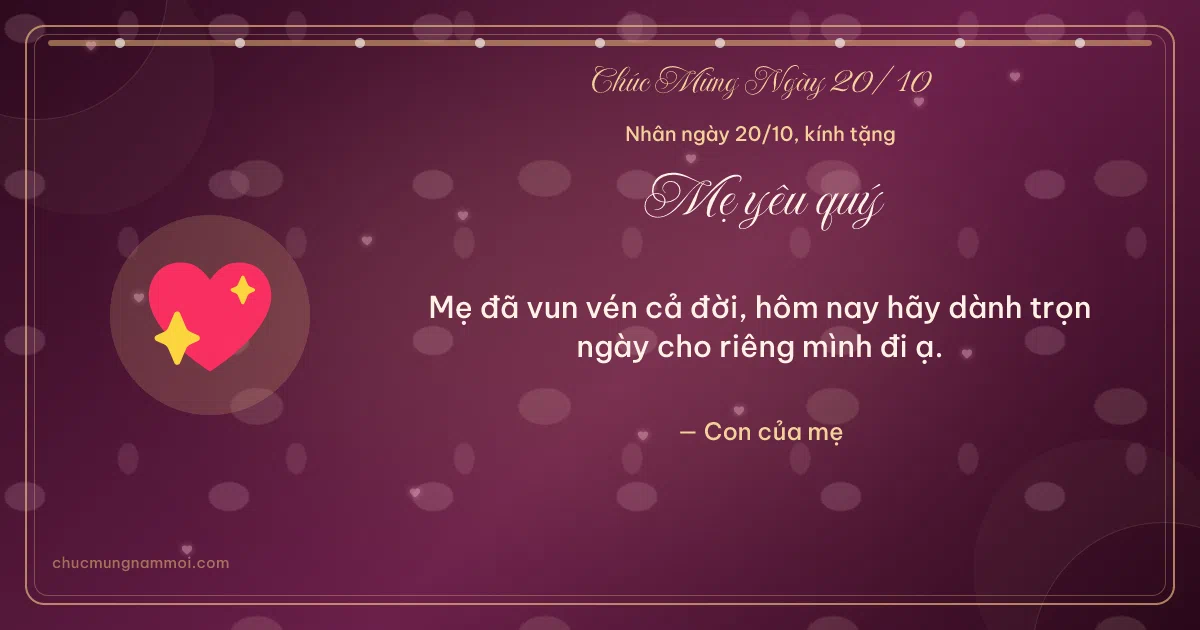 Thiệp ngày 20/10 cho mẹ: Trái tim lấp lánh trên nền rượu vang. Mẹ đã vun vén cả đời… (Bản ngang)