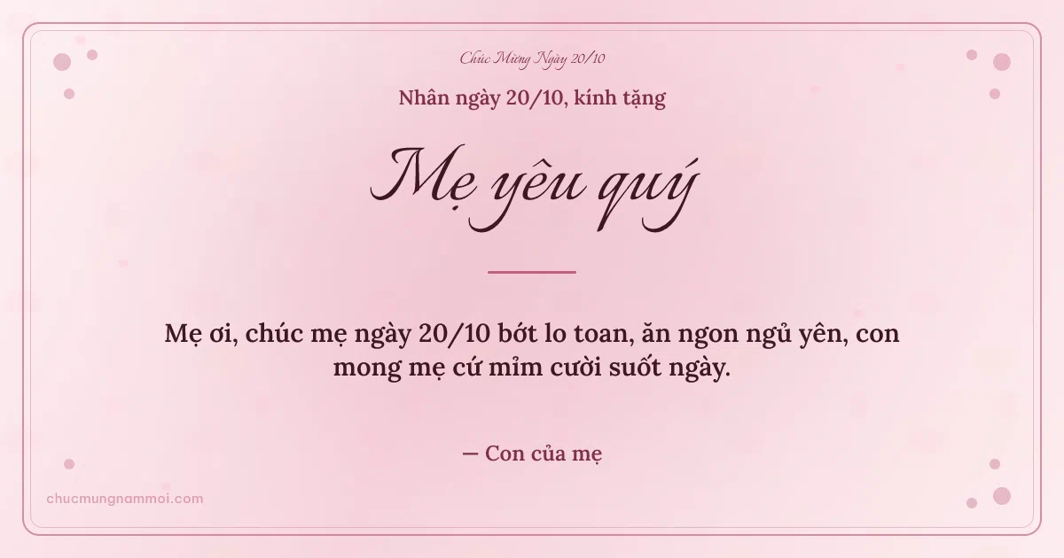Thiệp ngày 20/10 cho mẹ: Trái tim hồng và chấm nhỏ trên nền hồng phấn nước. Mẹ ơi, chúc mẹ ngày 20/10 bớt lo toan, ăn ngon ngủ yên… (Bản ngang)
