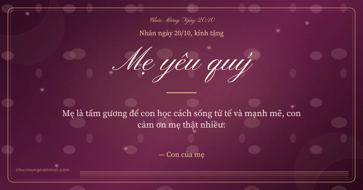 Thiệp ngày 20/10 cho mẹ: Trái tim hồng và sọc mảnh trên nền rượu vang. Mẹ là tấm gương để con học cách sống tử tế và mạnh mẽ… (Bản ngang)