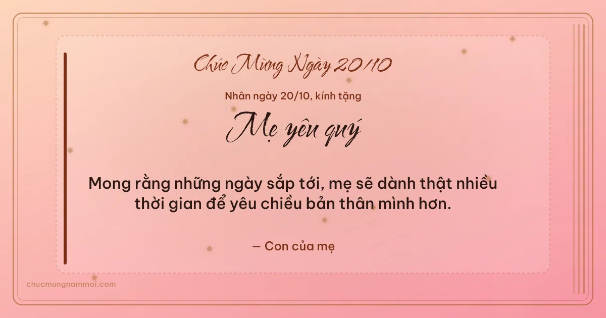 Thiệp ngày 20/10 cho mẹ: Kim tuyến và sọc dọc trên nền hồng san hô. Mong rằng những ngày sắp tới… (Bản ngang)