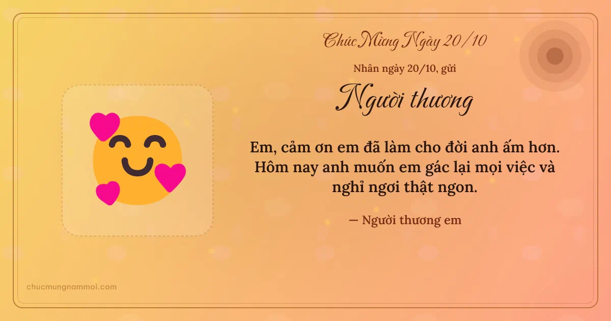 Thiệp ngày 20/10 cho người yêu: Nụ cười trái tim trên nền nắng sớm. Em, cảm ơn em đã làm cho đời anh ấm hơn… (Bản ngang)