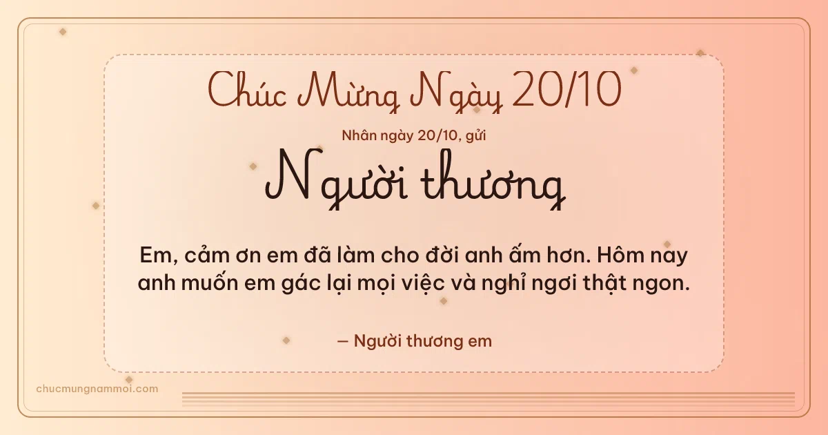 Thiệp ngày 20/10 cho người yêu: Kim tuyến và sọc mảnh trên nền đào chín. Em, cảm ơn em đã làm cho đời anh ấm hơn… (Bản ngang)