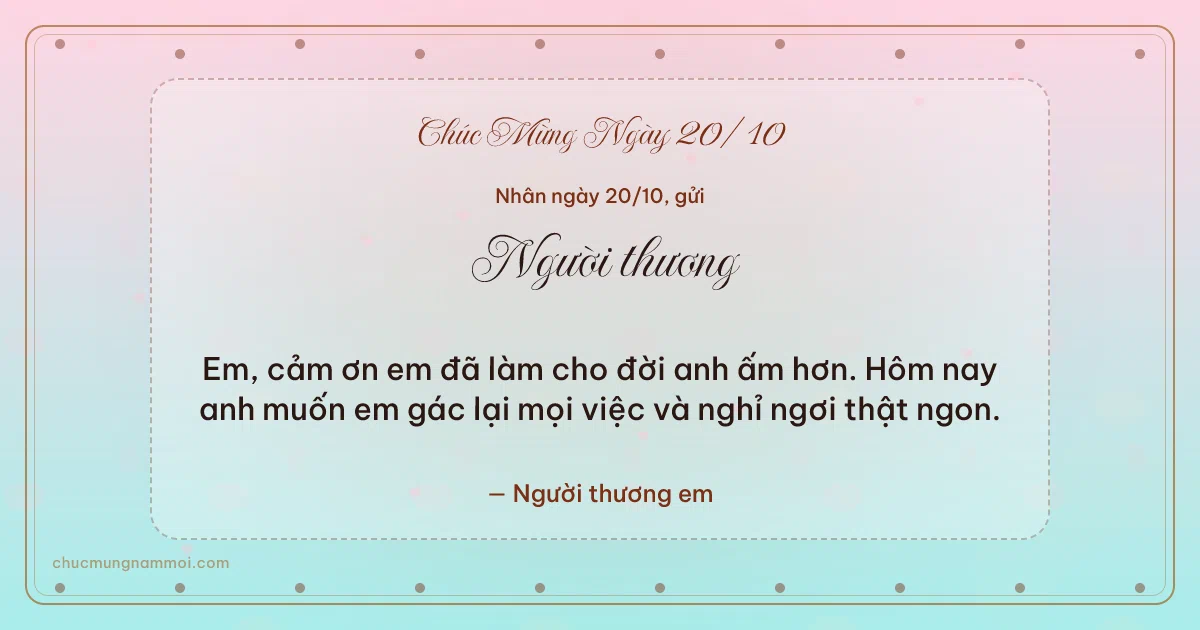 Thiệp ngày 20/10 cho người yêu: Trái tim hồng và hạt chấm trên nền xanh pha hồng. Em, cảm ơn em đã làm cho đời anh ấm hơn… (Bản ngang)