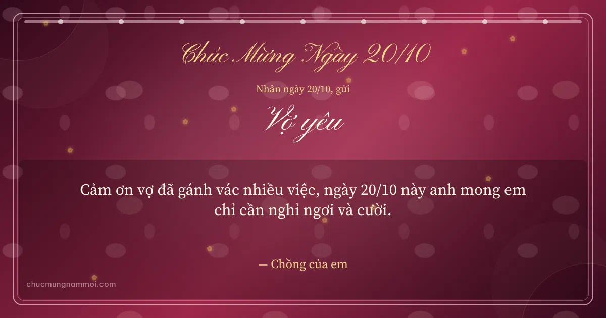 Thiệp ngày 20/10 cho vợ: Chuỗi chấm trên nền hồng đào. Cảm ơn vợ đã gánh vác nhiều việc… (Bản ngang)