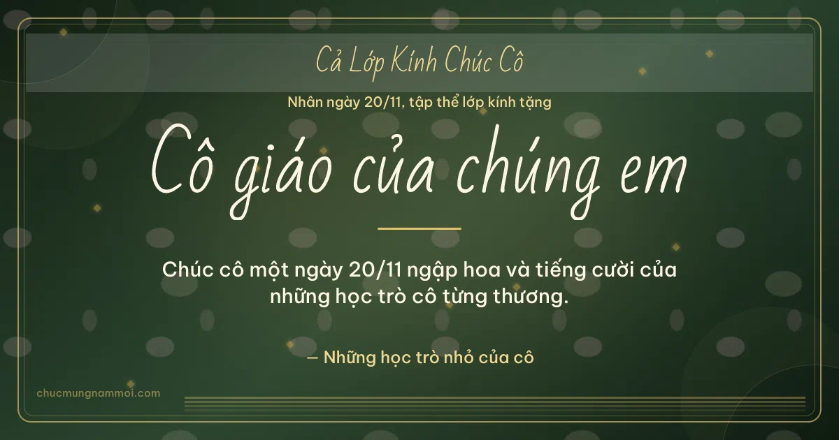 Thiệp ngày 20/11 cho cả lớp: Kim tuyến vàng và sọc mảnh trên nền xanh rêu đậm. Chúc cô một ngày 20/11 ngập hoa… (Bản ngang)