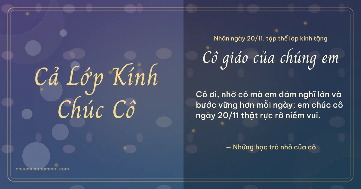 Thiệp cho cả lớp: Bong bóng ngày 20/11 trên nền xanh tím. Cô ơi, nhờ cô mà em dám nghĩ lớn và bước vững hơn mỗi ngày… (Bản ngang)