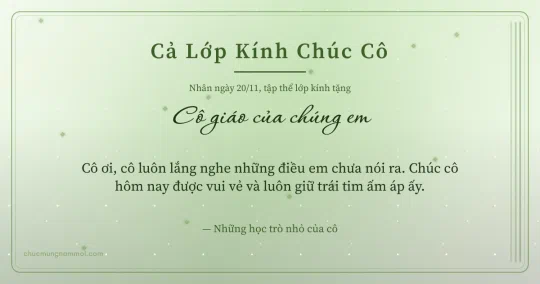 Thiệp ngày 20/11 cho cả lớp: Kim tuyến và sọc dọc trên nền xanh lá nước