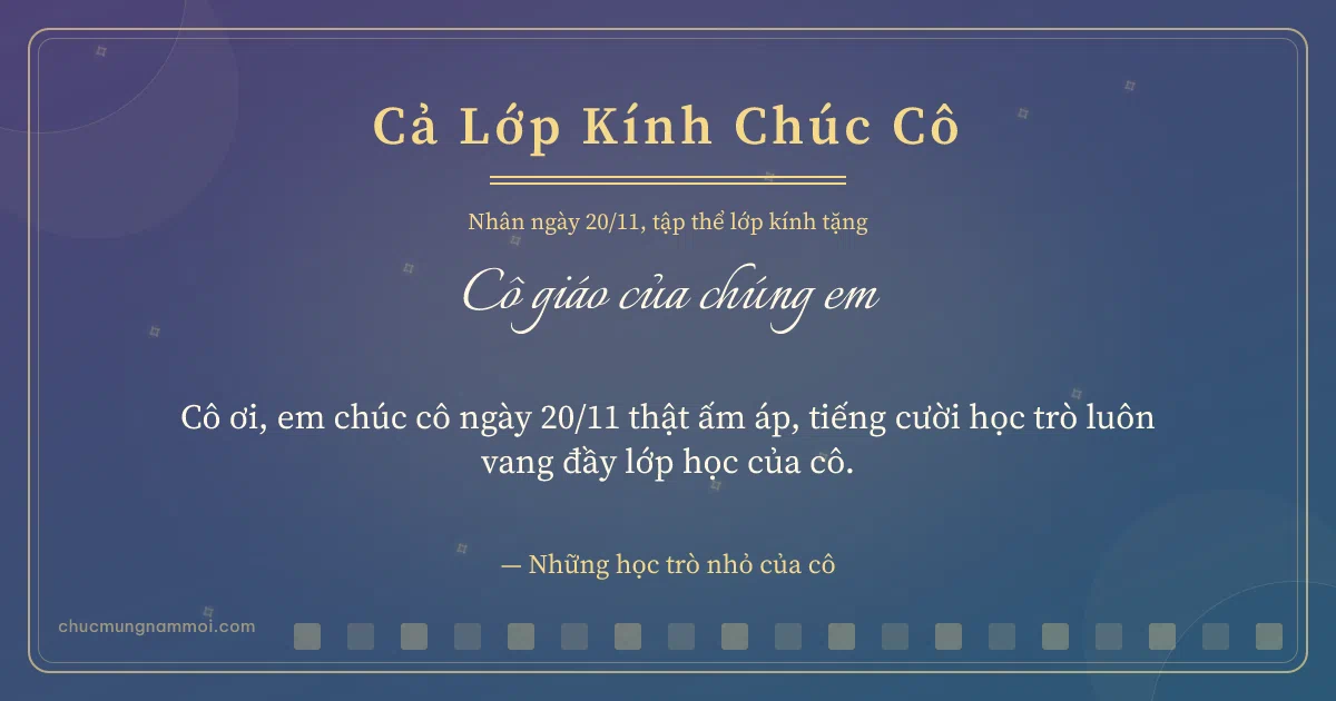 Thiệp ngày 20/11 cho cả lớp: Ô vuông nhỏ tặng cô. Cô ơi, em chúc cô ngày 20/11 thật ấm áp… (Bản ngang)