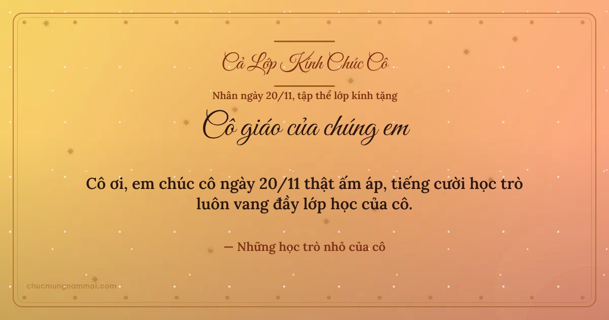 Thiệp ngày 20/11 cho cả lớp: Kim tuyến và chấm tròn trên nền nắng sớm. Cô ơi, em chúc cô ngày 20/11 thật ấm áp… (Bản ngang)