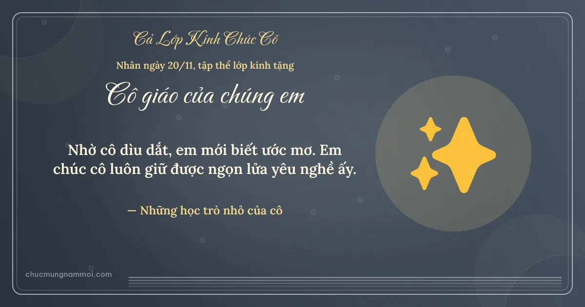 Thiệp ngày 20/11 cho cả lớp: Ánh lấp lánh trên nền xanh đá. Nhờ cô dìu dắt, em mới biết ước mơ… (Bản ngang)
