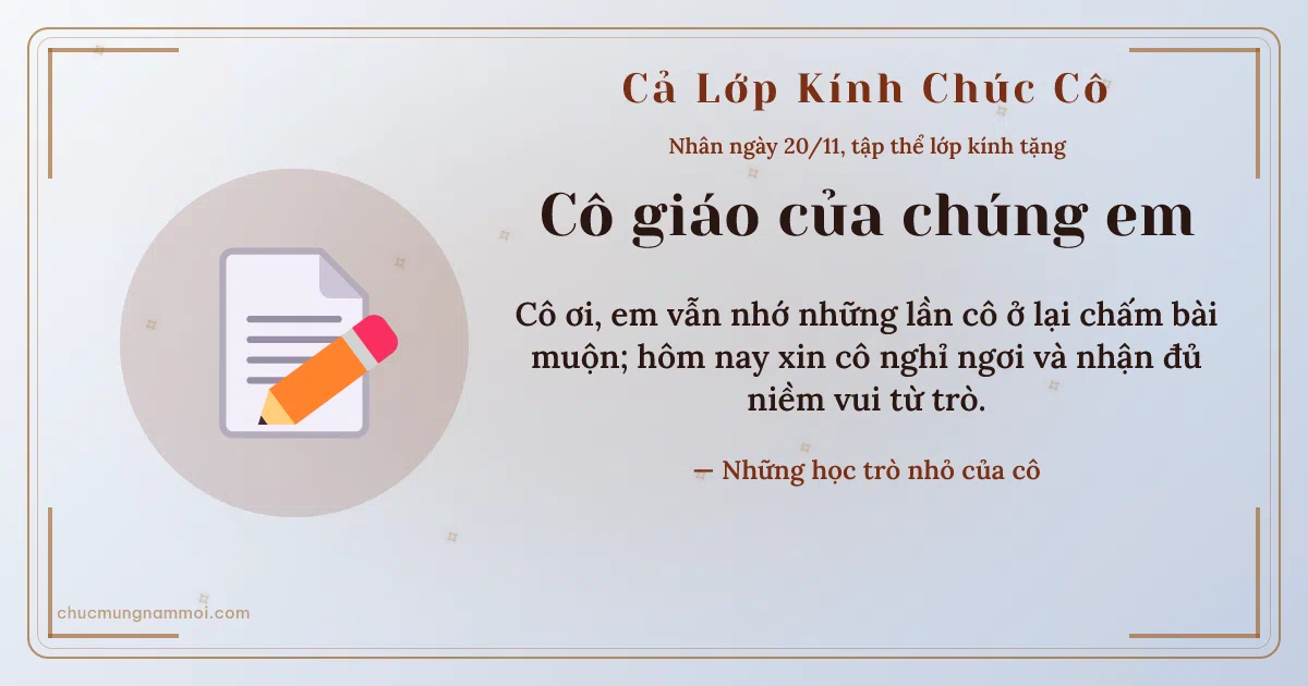 Thiệp ngày 20/11 cho cả lớp: Giấy ghi chú trên nền sương bạc. Cô ơi, em vẫn nhớ những lần cô ở lại chấm bài muộn… (Bản ngang)