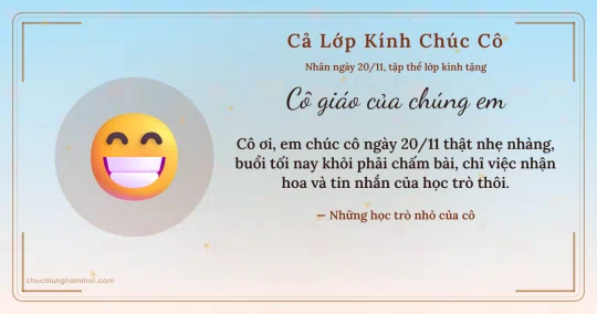 Thiệp ngày 20/11 cho cả lớp: Cười toe tặng cô