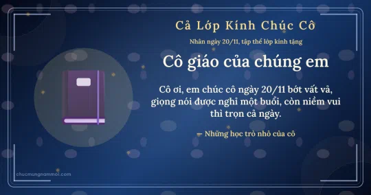 Thiệp ngày 20/11 cho cả lớp: Quyển vở và kim tuyến vàng trên nền xanh biển sâu