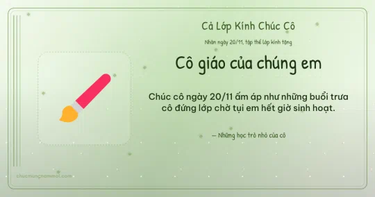 Thiệp ngày 20/11 cho cả lớp: Bút lông và kim tuyến trên nền xanh lá nước