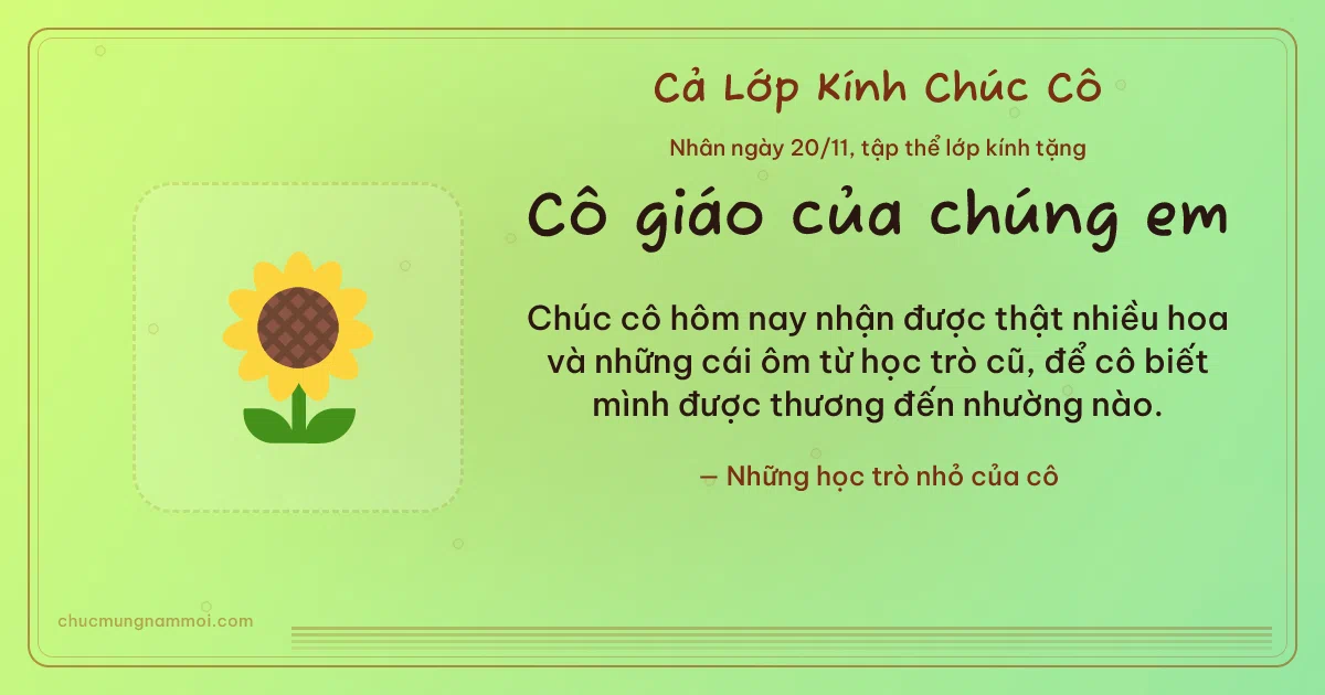 Thiệp ngày 20/11 cho cả lớp: Hoa hướng dương trên nền xanh lúa non. Chúc cô hôm nay nhận được thật nhiều hoa… (Bản ngang)
