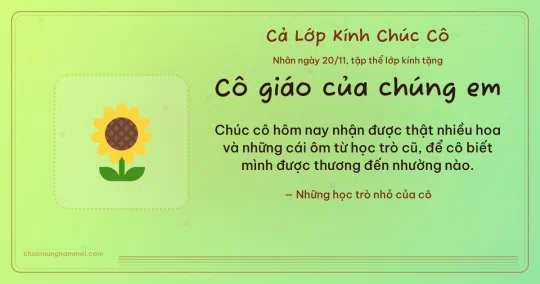Thiệp ngày 20/11 cho cả lớp: Hoa hướng dương trên nền xanh lúa non
