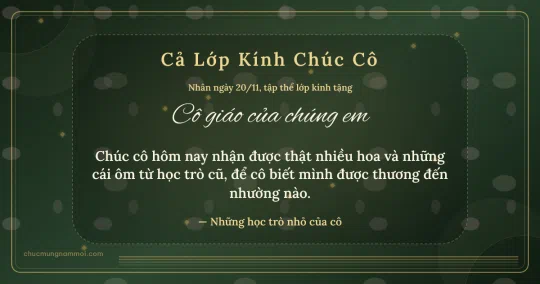 Thiệp cho cả lớp: Kim tuyến vàng ngày 20/11 trên nền xanh rêu đậm