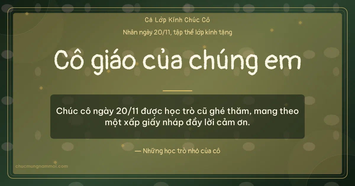 Thiệp ngày 20/11 cho cả lớp: Kim tuyến vàng và cánh hoa trên nền xanh rêu đậm. Chúc cô ngày 20/11 được học trò cũ ghé thăm… (Bản ngang)