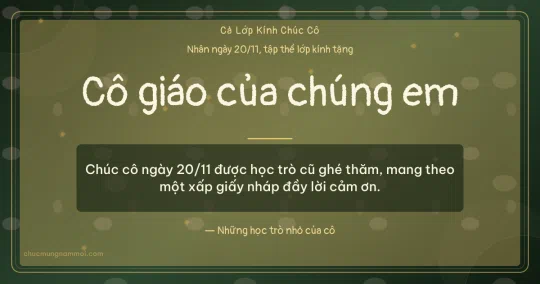 Thiệp ngày 20/11 cho cả lớp: Kim tuyến vàng và cánh hoa trên nền xanh rêu đậm