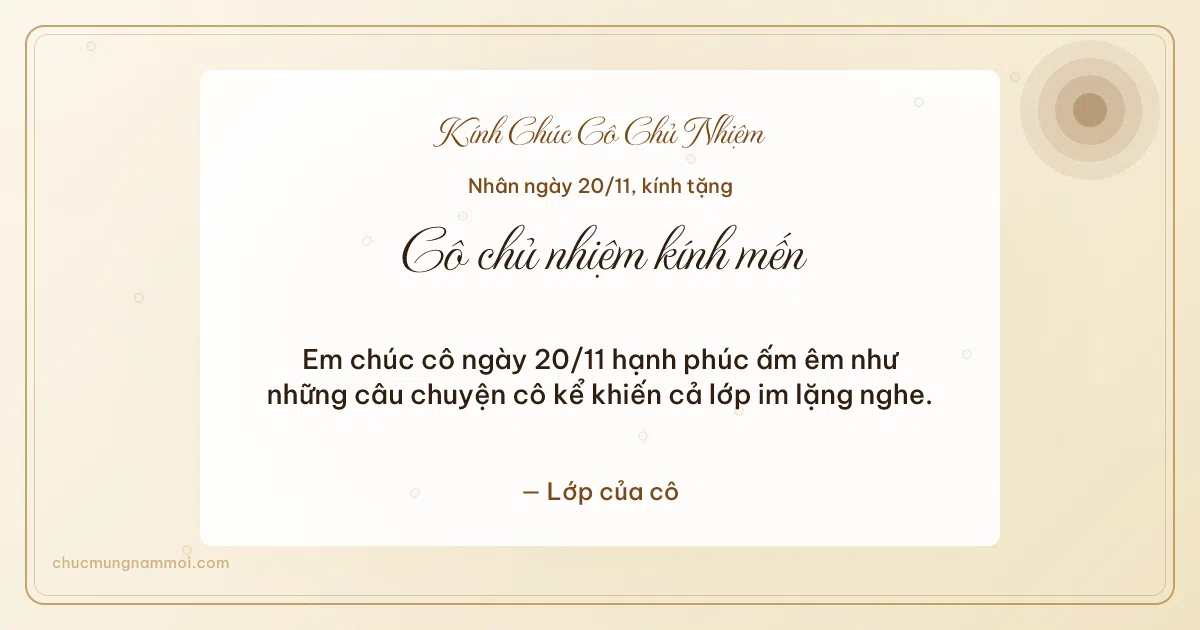 Thiệp ngày 20/11 cho cô chủ nhiệm: Ngà kem trang nhã, kiểu 15. Em chúc cô ngày 20/11 hạnh phúc ấm êm… (Bản ngang)