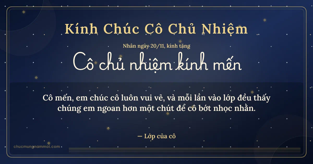 Thiệp ngày 20/11: Xanh than vàng kim trang nhã tặng cô chủ nhiệm. Cô mến, em chúc cô luôn vui vẻ… (Bản ngang)