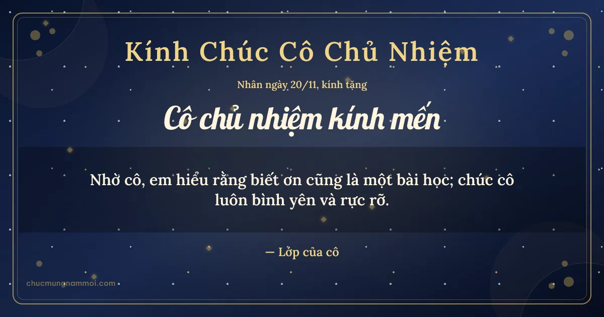 Thiệp cho cô chủ nhiệm: Chấm nhỏ ngày 20/11 trên nền xanh than ánh kim. Nhờ cô, em hiểu rằng biết ơn cũng là một bài học… (Bản ngang)