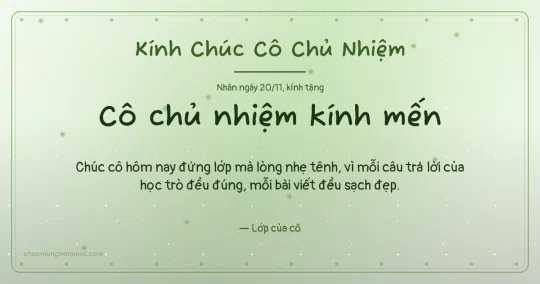 Thiệp ngày 20/11: Xanh lá nước ấm áp tặng cô chủ nhiệm