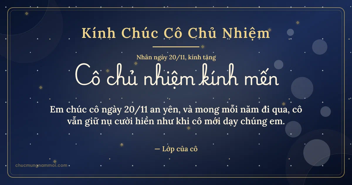 Thiệp ngày 20/11 cho cô chủ nhiệm: Bong bóng sang trọng trên nền xanh than ánh kim. Em chúc cô ngày 20/11 an yên, và mong mỗi năm đi qua… (Bản ngang)