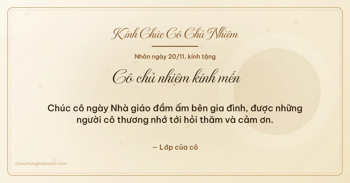 Thiệp ngày 20/11 cho cô chủ nhiệm: Ngà kem trang nhã, kiểu 18. Chúc cô ngày Nhà giáo đầm ấm bên gia đình… (Bản ngang)