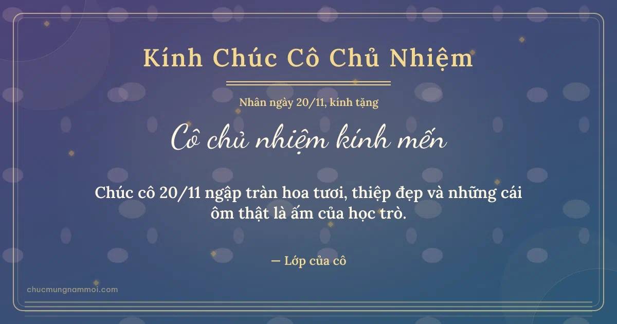 Thiệp cho cô chủ nhiệm: Kim tuyến vàng ngày 20/11 trên nền xanh tím. Chúc cô 20/11 ngập tràn hoa tươi, thiệp đẹp… (Bản ngang)