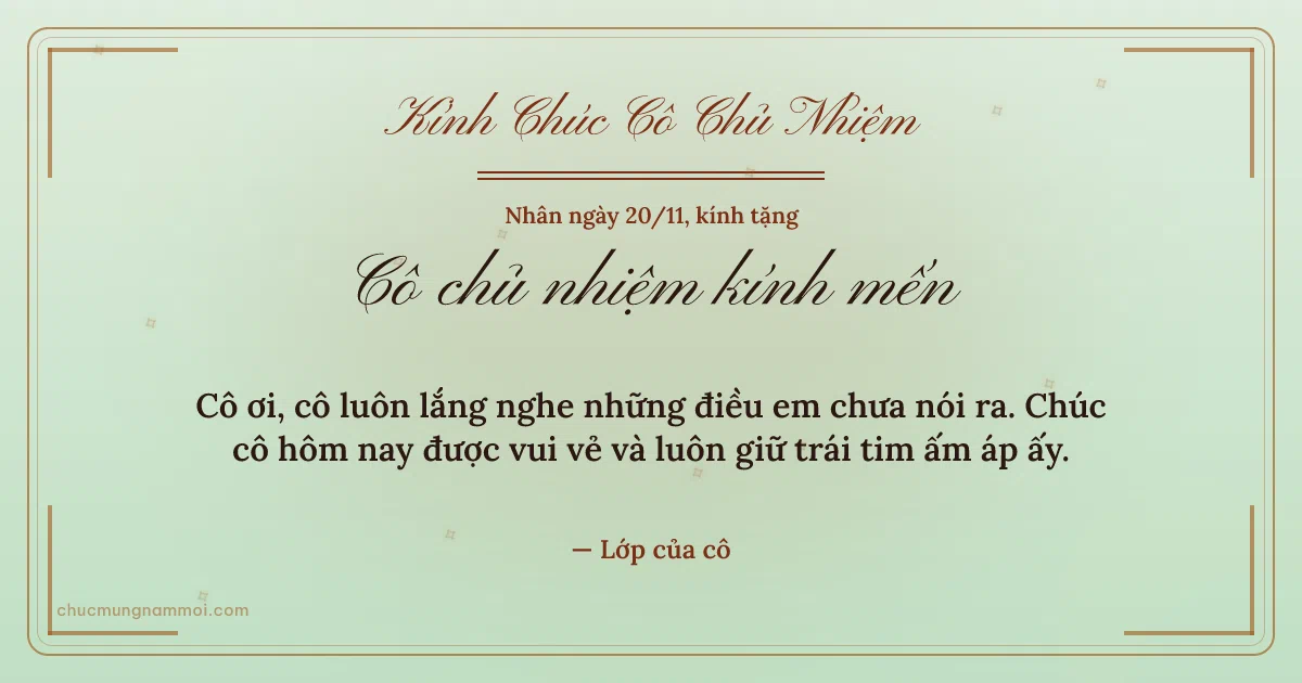 Thiệp ngày 20/11 cho cô chủ nhiệm: Sao băng mùa tri ân trên nền xanh trà. Cô ơi, cô luôn lắng nghe những điều em chưa nói ra… (Bản ngang)