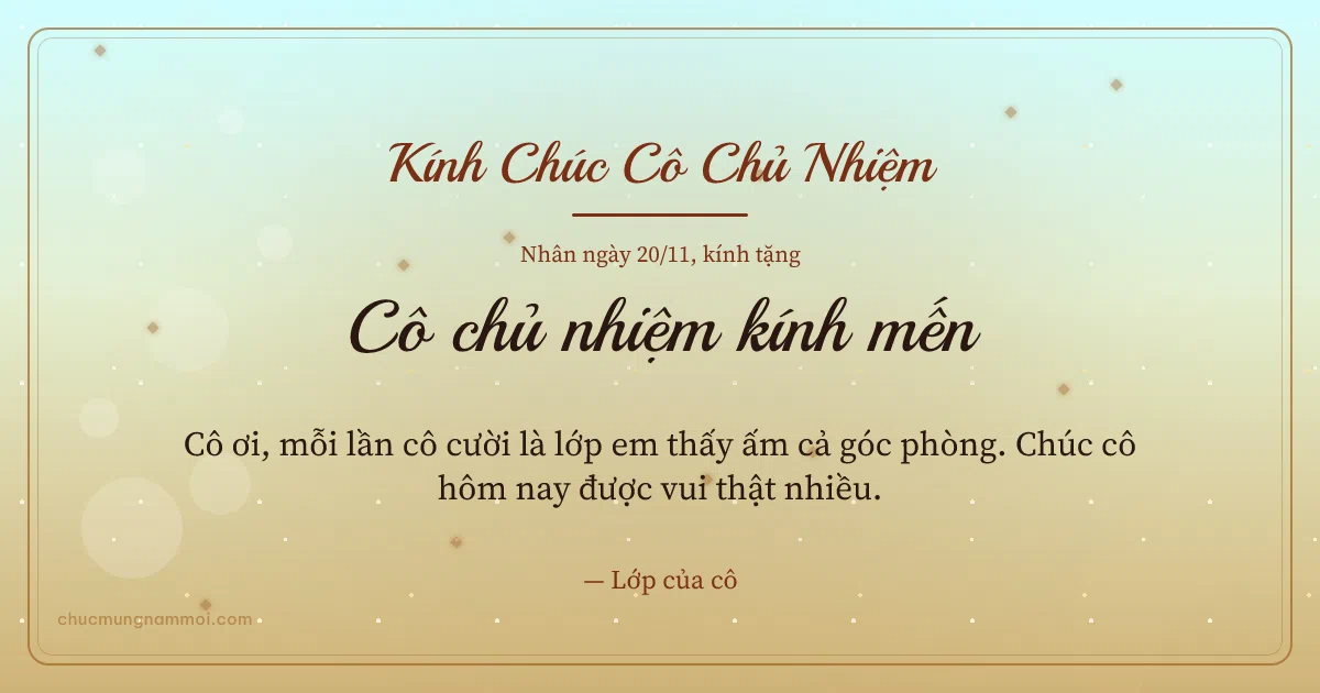 Thiệp kim tuyến ngày 20/11 tặng cô chủ nhiệm. Cô ơi, mỗi lần cô cười là lớp em thấy ấm cả góc phòng… (Bản ngang)