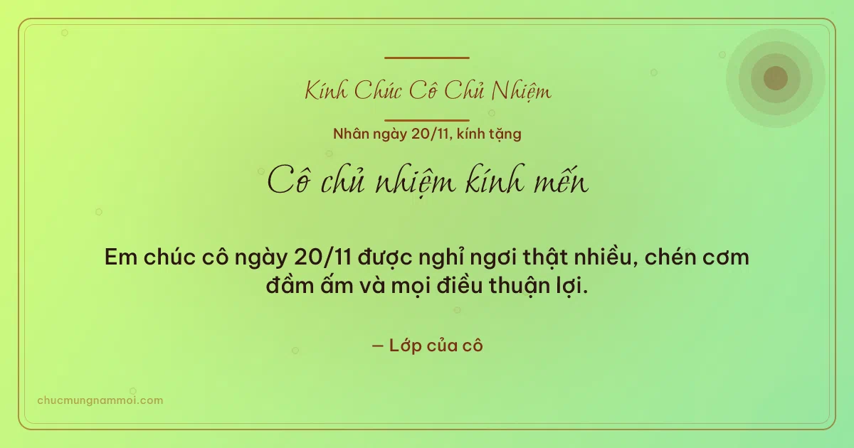 Thiệp ngày 20/11 cho cô chủ nhiệm: Bong bóng tươi mới trên nền xanh lúa non. Em chúc cô ngày 20/11 được nghỉ ngơi thật nhiều… (Bản ngang)