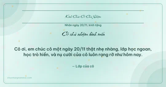 Thiệp ngày 20/11: Xanh ngọc nước rạng rỡ tặng cô chủ nhiệm