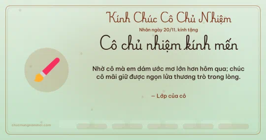 Thiệp ngày 20/11 cho cô chủ nhiệm: Bút lông trên nền xanh trà