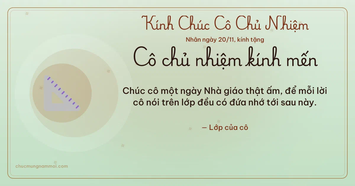 Thiệp ngày 20/11 cho cô chủ nhiệm: Thước ê-ke và sao băng trên nền xanh trà. Chúc cô một ngày Nhà giáo thật ấm… (Bản ngang)