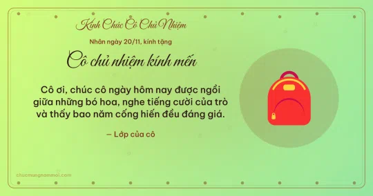 Thiệp ngày 20/11 cho cô chủ nhiệm: Cặp sách trên nền xanh lúa non