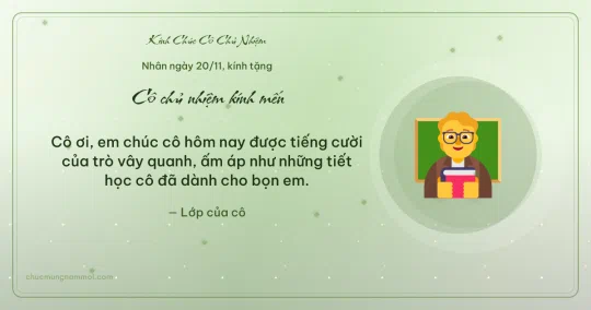 Thiệp ngày 20/11 cho cô chủ nhiệm: Giáo viên trên nền xanh lá nước
