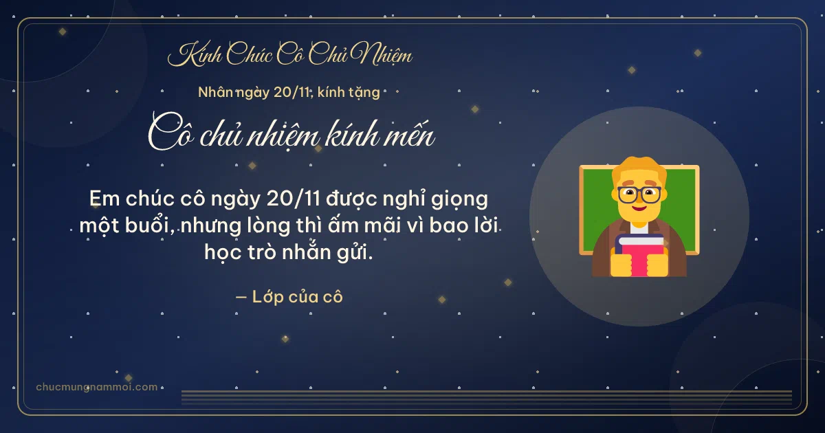 Thiệp ngày 20/11 cho cô chủ nhiệm: Thầy giáo và kim tuyến. Em chúc cô ngày 20/11 được nghỉ giọng một buổi… (Bản ngang)