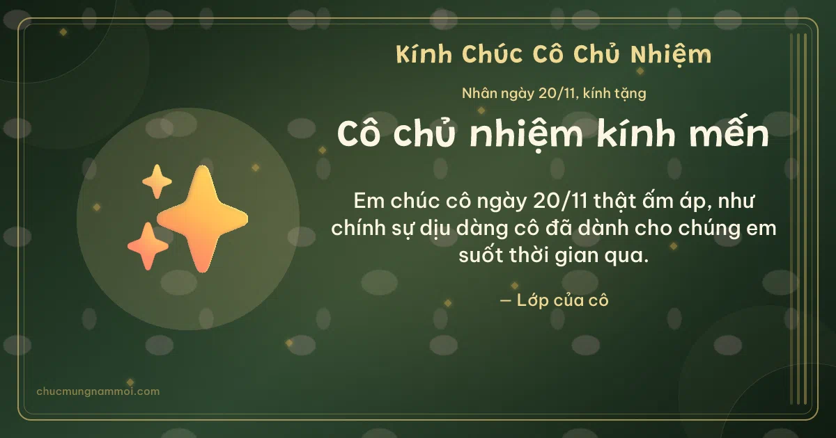 Thiệp ngày 20/11 cho cô chủ nhiệm: Lấp lánh trên nền xanh rêu đậm. Em chúc cô ngày 20/11 thật ấm áp… (Bản ngang)