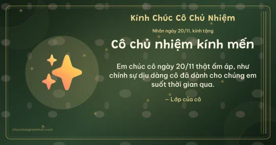 Thiệp ngày 20/11 cho cô chủ nhiệm: Lấp lánh trên nền xanh rêu đậm