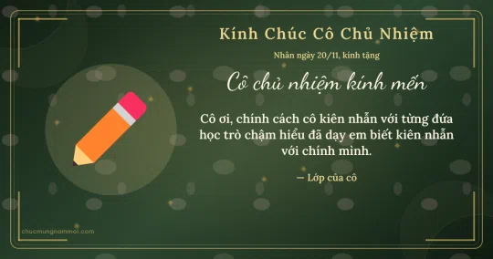 Thiệp ngày 20/11 cho cô chủ nhiệm: Bút chì và kim tuyến vàng trên nền xanh rêu đậm
