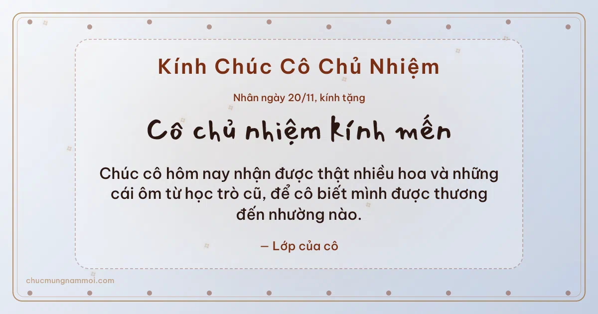 Thiệp ngày 20/11: Hạt chấm tặng cô chủ nhiệm. Chúc cô hôm nay nhận được thật nhiều hoa… (Bản ngang)
