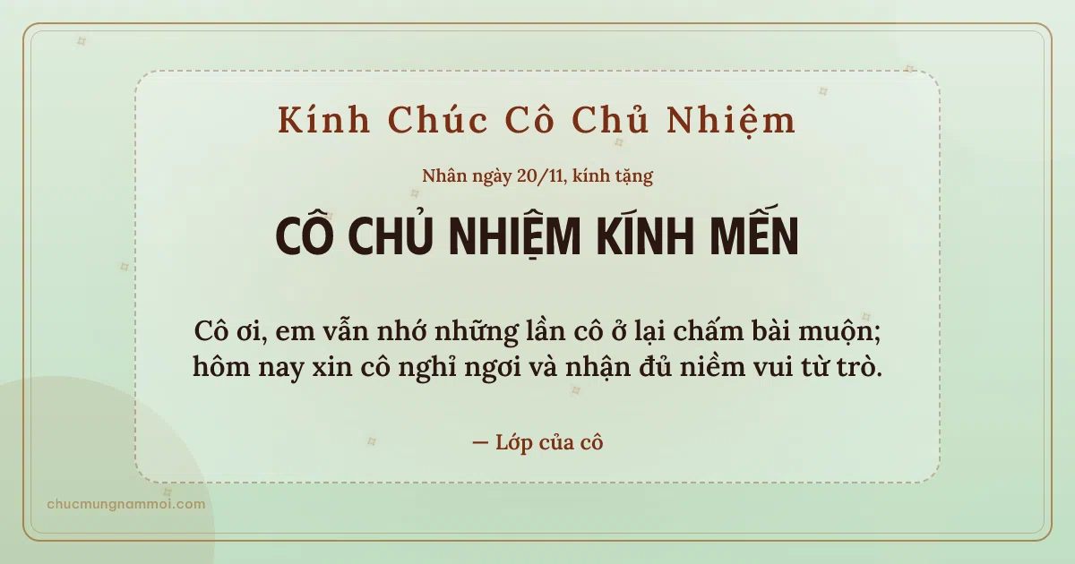 Thiệp ngày 20/11 cho cô chủ nhiệm: Trà xanh rạng rỡ, kiểu 2. Cô ơi, em vẫn nhớ những lần cô ở lại chấm bài muộn… (Bản ngang)