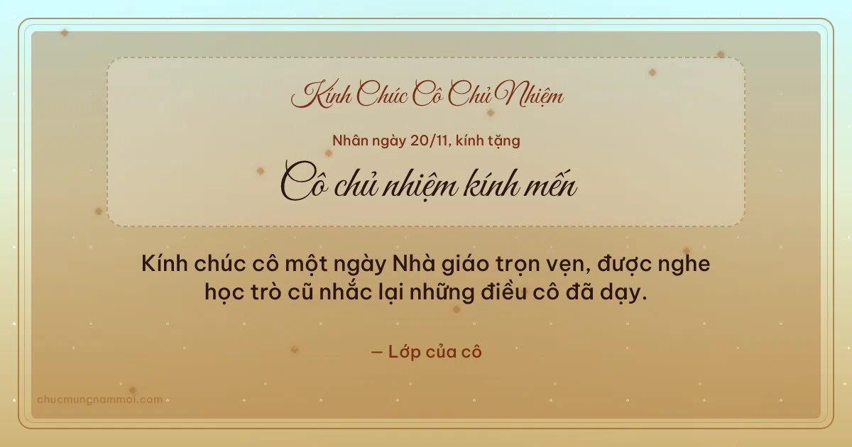 Thiệp ngày 20/11: Mai vàng rạng rỡ tặng cô chủ nhiệm. Kính chúc cô một ngày Nhà giáo trọn vẹn… (Bản ngang)